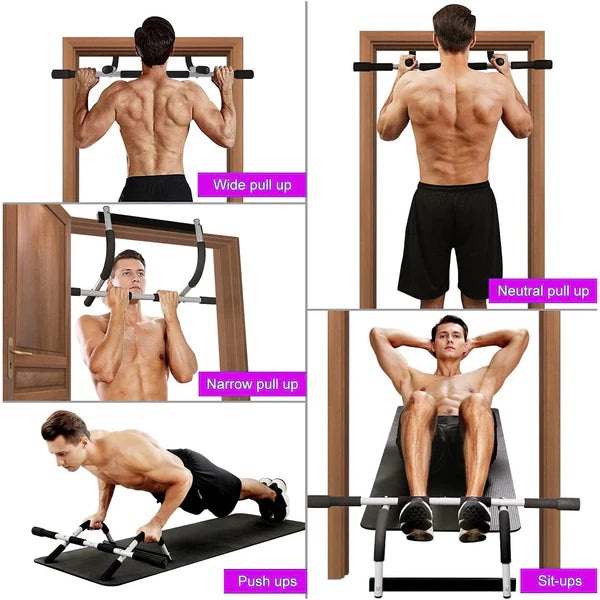 Doorway Pull-Up Bar – No Drilling Required Chin-Up Bar with Padded Multi-Grip Handles, Heavy-Duty Steel, Adjustable Fit 61–81cm, Foldable Home Gym Trainer
