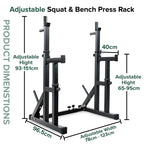 Adjustable squat and bench press rack with dimensions on a white background