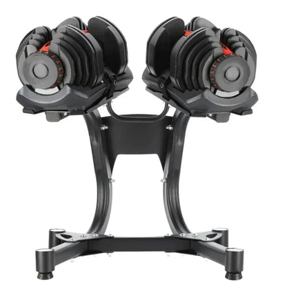 Adjustable dumbbell pair, 24 kg, on the black stand, front view, on a white background