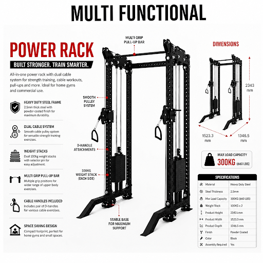 Commercial multi-gym rack infographic: dual cable system, 100 kg weight stacks, pull-up bar, dimensions and specifications