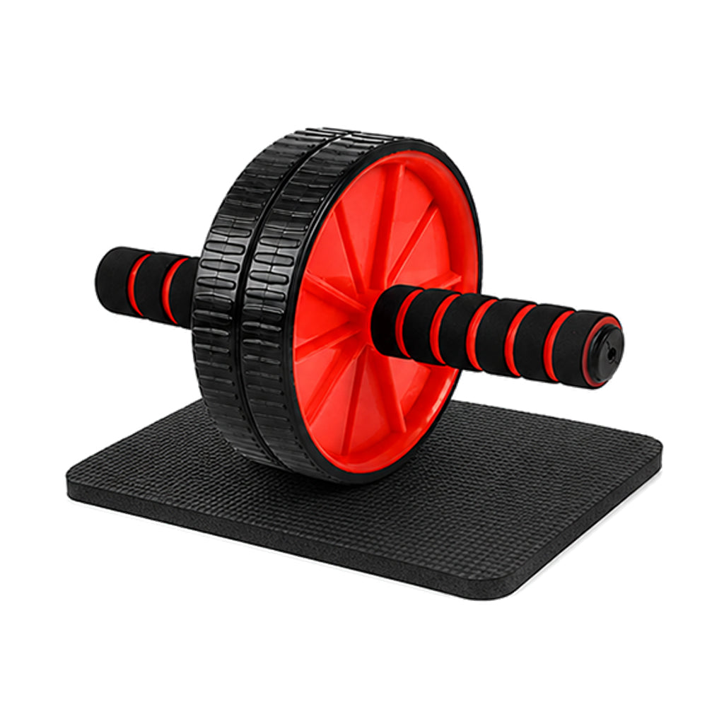 Dual-wheel ab roller, red, with foam handles on a black knee mat, on a white background