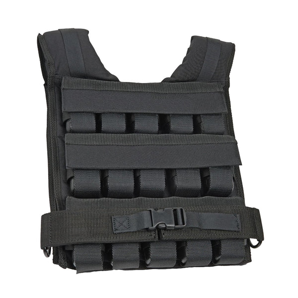 Black tactical vest with multiple pouches on a white background